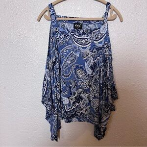 ECI Navy and White Paisley print cut out shoulders.